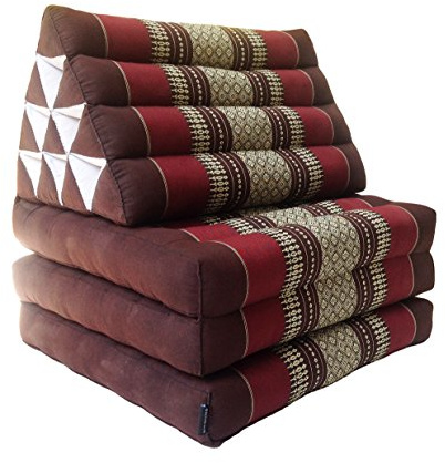 Collumino Traditional Thai Kapok 3 Fold Meditation Mattress with Oriental Style Triangle Recliner Cushion for Yoga Massage or Relaxation (Burgundy, Brown)