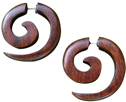 Tribal Organic Wooden Earrings - Fake Gauge Hippie Natural Black Brown Wood Faux Plugs Tapers - Emo Goth Punk Spiral Gothic 316L Surgical Steel Hypoallergenic