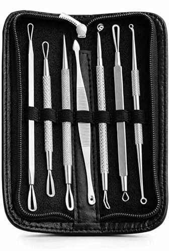 LUPO Punti Neri Strumenti Pinza Rimozione Naso Leva Comedoni Estrattore, Acciaio da 7 Strumenti Professionali con Due Estremità, Togli i Punti Neri, Bianchi e le Macchie Acne dal Viso