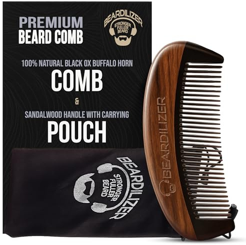 Beardilizer Premium Beard Comb for Men - 100% Natural Black Ox Buffalo Horn & Sandalwood Handle with Carrying Pouch, Professional Anti-Static Fine and Coarse Teeth