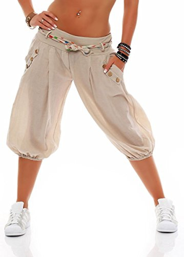 Malito – Damen Haremshose – Pumphose aus Baumwolle – Leichte Stoffhose – Kurze Sommerhose für warme Tage – Aladinhose für Sport und Freizeit 3416 (Beige)