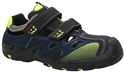 JORI Sicherheitsschuhe Harvey Easy S1P, Damen und Herren, Leder/Textil, Kunststoffkappe (Leichter als Stahlkappe), leicht, sportlich 43, Schwarz-Blau-Gelb