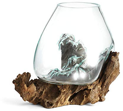 Cohasset Geschmolzenes Glas #650-24 Leuchtenskulptur aus geschmolzenem Glas und Holz, Terrarium, Feengarten, ca. 24,1 cm breit, Naturholz und recyceltes Glas