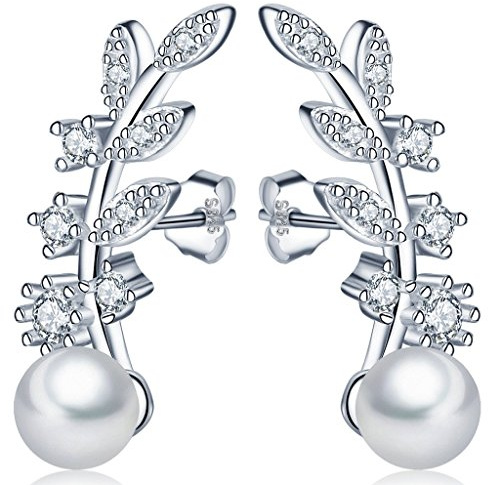 Infinite U Elgeant Leaf 925 sterlingsilver kubisk zirkon 5 mm pärlor öra manschett nitar örhängen för kvinnor/flickor, Emalj, Pärla