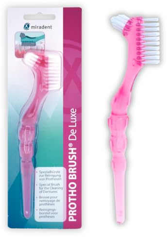 miradent Protho Brush® De Luxe pink transparent Prothesenbürste 1 St. | zwei Borstenfelder für innen & außen | großer ergonomischer Griff | in zwei Farben erhältlich | ideal auch für unterwegs