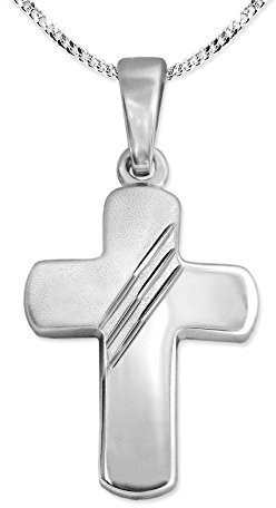CLEVER SCHMUCK Kinder Kreuzkette Anhänger Kreuz 15 mm 3 Linien schräg halbseitig matt glänzend Kette Panzer 40 cm Sterling Silber 925 für Junge oder Mädchen