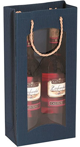 karton-billiger Flaschentragetasche Tragetüte mit Fenster in 4 Farben für 1,2 oder 3 Flaschen, 20Stück (2 Flaschen, blau)