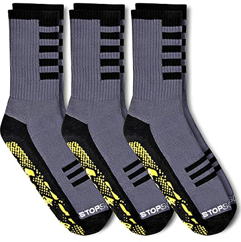 StopSocks - Hospital Socks Plus Yoga, Traction, Gym, Tread, Non Skid, Anti Slip Socks - Megaformer Plus The Perfect Running Sock Grey / Yellow - Crew - 3 Pack Large