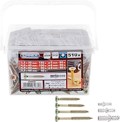 Connex Universalschrauben- und Dübel-Sortiment 510-teilig - Diverse Größen - Senkkopf - PZ Pozidriv-Antrieb - Voll- & Teilgewinde - Gelb verzinkt / Schrauben-Set mit Dübeln / Schrauben-Eimer / B30029
