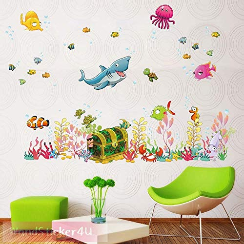 WandSticker4U®- Wandtattoo UNTERWASSERWELT mit Schatztruhe I Wandbilder: 122x68 cm I Wasserfest Fliesen-aufkleber Bad Fische Meer Tiere I Wand Deko für Badezimmer Kinder-zimmer GROß