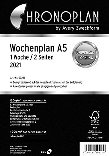 Chronoplan 50231 Kalendereinlage 2021, Wochenplan A5 in Spalten (148x210mm), Ersatzkalendarium, ideal für detaillierte Wochenplanung, Multilochung (1 Woche auf 2 Seiten), weiß