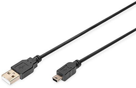 DIGITUS Cable USB 2.0 – 1,8 m – USB A a tipo mini B (5 pines) – 480 Mbps – Cable de conexión para PC, portátiles, cámaras o concentradores – Blíster – Negro
