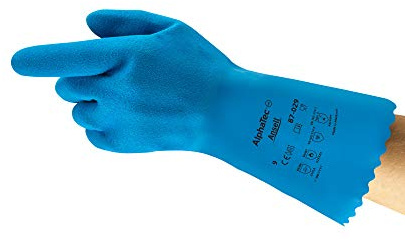 Ansell AlphaTec 87-029 Gants de Travail Multi-Usage, Résistance Chimique, Contact Alimentaire, Design Ergonomique, Gant Latex Homme Femme, Réutilisable, Bleu, Taille S (12 Paires)