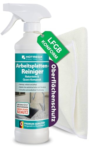 HOTREGA Arbeitsplatten Reiniger Naturstein & Quarz Komposit 500ml | Set | Pflegemittel für Küchen-Arbeitsplatten & Waschtische | Inklusive Microfasertuch | LFGB-geprüft | Streifenfreier Glanz