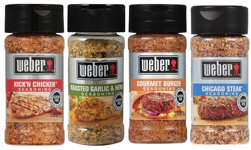 Weber Seasoning Variety 4 Flavor Pack - Kickn Chicken - Roasted Garlic & Herbs - Chicago Steak - Gourmet Burger - All Natural Shake-on Bundle