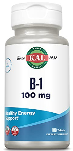 KAL Vitamin B1 100 mg, Thiamine Supplement for Metabolism, Healthy Energy, Skin, Nervous System, Heart Health and Brain Support, Vegan Vitamin, 60-Day Money Back Guarantee, 100 Servings, 100 Tablets