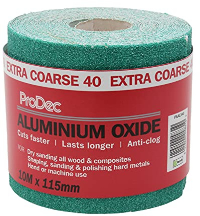 ProDec 10 m Rolle, extra grobes, grünes Aluminiumoxid-Schleifpapier | mit Körnung 40 zum Schleifen von Holz, Farbe, Putz, Spachtelmasse, Metall & mehr, Schleifpapier