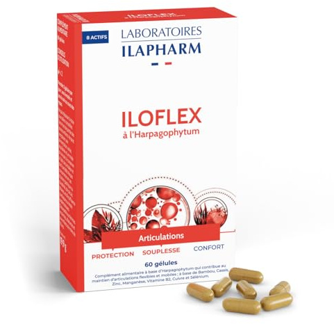 Laboratoires Ilapharm - Iloflex a l'Harpagophytum - Raideurs Articulaires - La Boîte de 60 gélules | Cuivre & manganèse : tissus conjonctifs. Zinc : ossature. Cassis, bambou/silice, sélénium, B2. Fabriqué en France