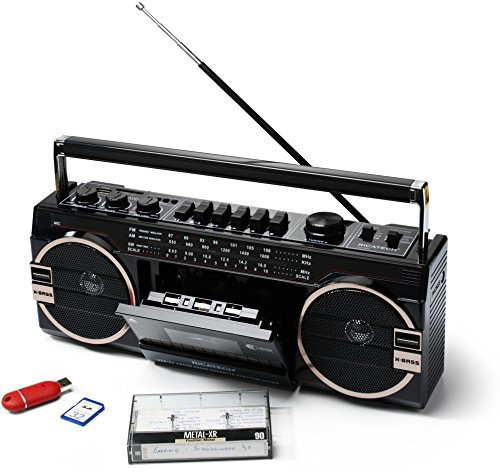 Ricatech PR 1980 USB, Stéréo Ghetto Blaster Boombox, Lecteur de Cassettes, Radio à 3 fréquences AM/FM/SW, Deux haut-parleurs X-Bass de 8 watts, Enregistreur vocal muni d’un microphone d'enregistrement