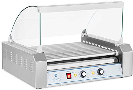 Royal Catering Máquina Asador de perritos calientes RCHG-11E (11 Rodillos, 20 Salchichas, 2200 W, 230 V, 2 Zonas calentadoras individuales, 58,2 x 48 x 42,5 cm, Acero inox)
