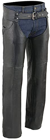 Milwaukee Leather Chaps for Herren LKM5781 Herren-Chaps aus hochwertigem Leder, klassischer Jeans-Stil, Taschen, Motorradfahrer, Größe L