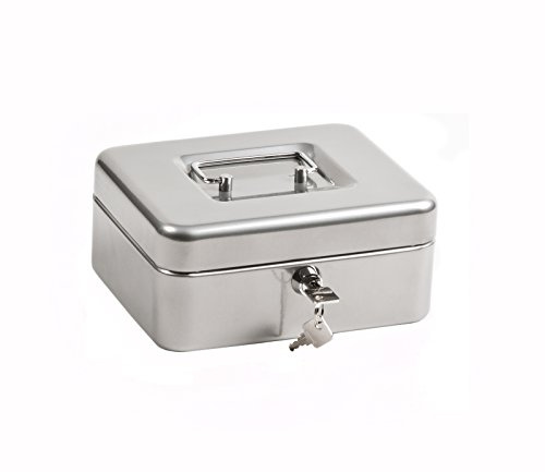 ProfiOffice Geldkassette aus Stahlblech | abschließbar | Münzgeld-Einsatz herausnehmbar | 20 x 16 x 9 cm | Kasse mit 2 Schlüsseln | geeignet als Spardose, Trinkgeldkasse | Silber (10032)