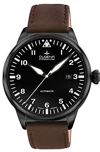 Dugena Herren-Armbanduhr 7000308 Kappa 7 Airtrip, Automatik, schwarzes Zifferblatt, Edelstahlgehäuse, Saphirglas, Lederband, Dornschließe, 5 bar