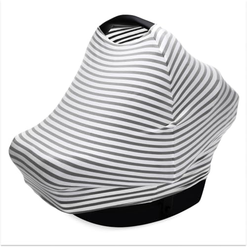 Parker Baby 4 in 1 Car Seat Cover for Girls and Boys - Stretchy Carseat Canopy, Nursing Cover, Grocery Cart Cover, High Chair Cover - Gray/White Stripes