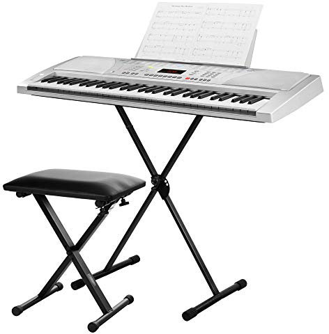 Funkey 61 Keyboard inkl. höhenverstellbarem Ständer, Sitzbank und Keyboard Basics Lehrbuch (61 Tasten, 100 Klangfarben, 100 Rhythmen, 8 Demo Songs, Netzteil, Notenständer)