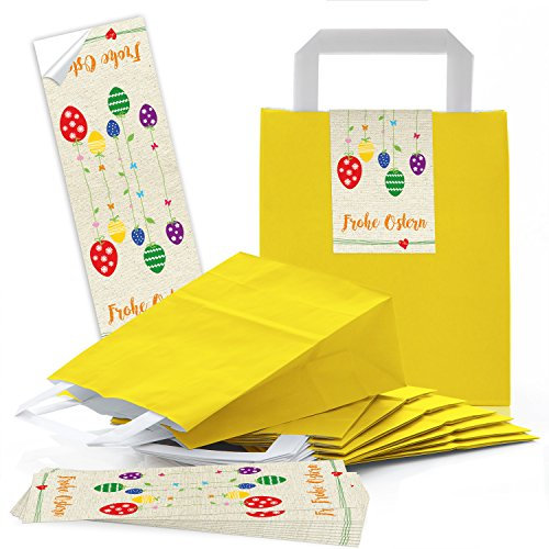 Logbuch-Verlag 50 gelbe Ostertüten aus Papier - Papiertüten mit Henkel 18 x 8 x 22 cm + Osteraufkleber rot grün - Geschenk Verpackung Ostereier Frohe Ostern
