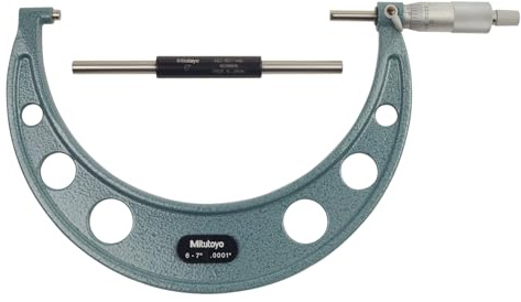 Mitutoyo 103-221 Outside Micrometer, 6-7 Range, 0.0001 Graduation, ±0.0002 Accuracy, Ratchet Stop, Vernier Scale, Satin-Chrome Sleeve, Baked-Enamel Frame, Carbide-Tipped Measuring Faces