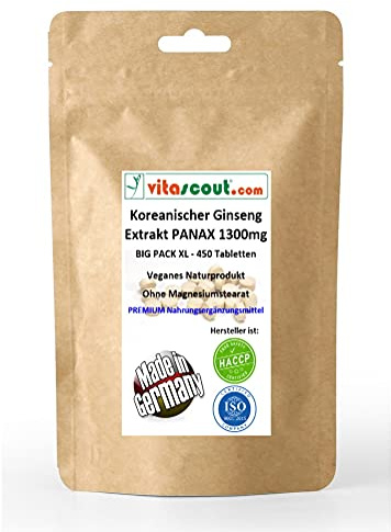 Koreanischer Ginseng 450 Tabletten - PANAX Extrakt entspricht 1300mg Pulver PRO TABLETTE - OHNE MAGNESIUMSTEARAT
