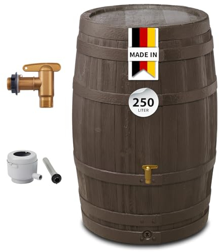 4rain VINO Regentonne Set 250 Liter Holzoptik Regenfass Wassertank | mit Hahn Fallrohranschluss Frostsicherer Regenwassertank Regenwassertonne Wassertonne für Garten Wasserfass Braun