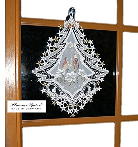 Plauener Spitze Fensterbild Weihnachten 25x34 cm Plauener Stickerei Voile Krippe Spitzenbild Fensterdekoration Weihnachtsdekoration Advent