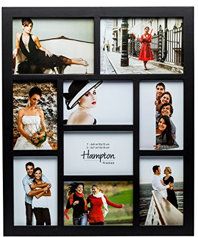Hampton Frames | Cornice fotografica multipla | 9 aperture, nero, MDF 22 mm | Per foto 10x15 cm e 13x18 cm, plexiglass, montaggio a parete | Design elegante per decorazione casa