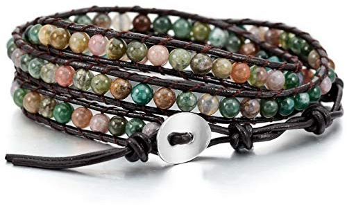 MOWOM Layered Bracelets for Women Men Genuine Leather Bracelet Rope Bangle Cuff Gemstone Beads Braided Bracelet 3 Wraps Adjustable Handmade Oriental Agate Meditation Jewelry Gift