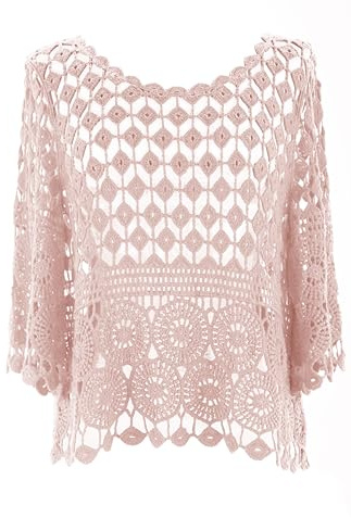 Ladies Women Lagenlook Plain Short Sleeve Crochet Top Blouse Vest One Size (UK, Alpha, One Size, Regular, Regular, Light Pink)