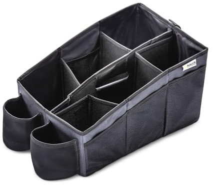 hauck Auto Organizer mit 2 Getränkehalter, 6 verstellbare Fächer & Tragegriff für Rücksitzbank Kinder Aufbewahrungsbox mit Tragegriff, Faltbar, Fixierbar, Grau