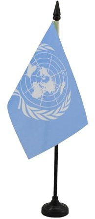 AZ FLAG Drapeau de Table ONU 15x10 cm Polyester 100D Socle Plastique | Usage intérieur Drapeau de bureau des nations unies finition cousue et bords renforcés