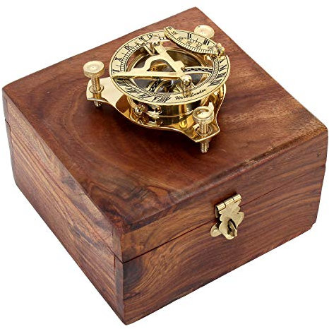 Meridiana con bussola, stile vintage, in ottone, in confezione regalo di legno con istruzioni, ago della bussola regolabile