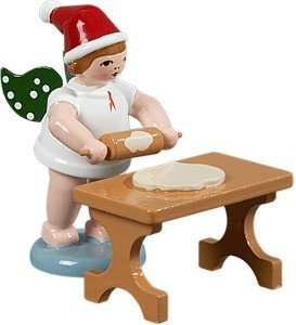 Rudolphs Schatzkiste Holzfigur Bäckerengel mit Teigrolle am Tisch und Krone Höhe 6cm NEU Holzengel Instrument Seiffen Erzgebirge Figur Dekoration Holzfiguren Weihnachten Fensterschmuck Spielzeug Deko