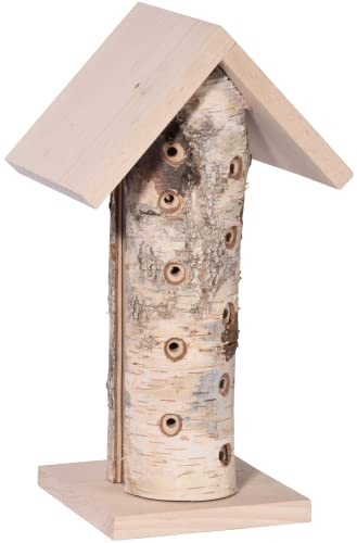 Großes Design Marienkäferhaus aus Holz, Birkenholz-Stamm und Buchenholz-Dach und Boden, Marienkäferhotel 19,5 x 14 x 34 cm