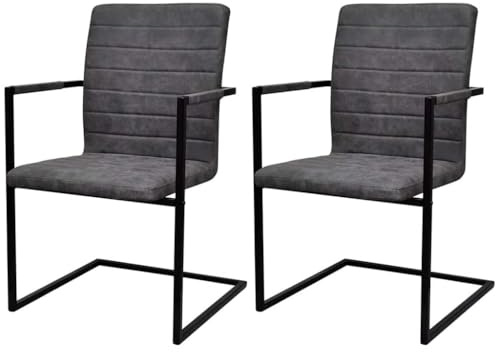 vidaXL Freischwinger 2 STK., Schwingstuhl mit Armlehnen, Esszimmerstuhl Stahlrahmen, Stuhl für Esszimmer Küche, Essstuhl Küchenstuhl, Dunkelgrau Kunstleder