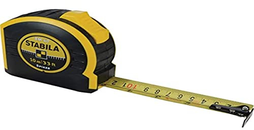 Stabila Taschenbandmaß BM 40, 10 m 33 ft, mit doppelseitiger Skala und Spikes-Haken schwarz gelb 27 mm Bandbreite