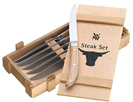WMF Ranch Steakmesser Set 6-teilig, Spezialklingenstahl geschmiedet, Pizzamesser, Cromargan Edelstahl mattiert, Eichenholz geölt