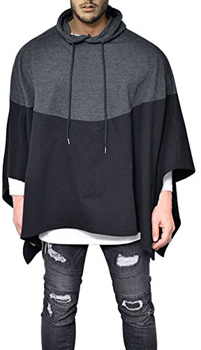 Anatoky Mens Irregular Loose Bat Sleeves Hooded Poncho Cape Coat, Black, M