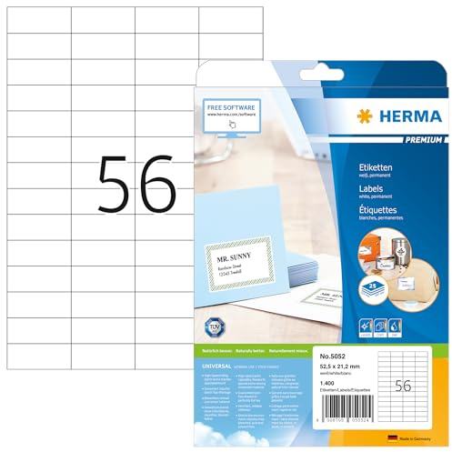 HERMA 5052 Universal Etiketten, 25 Blatt, 52,5 x 21,2 mm, 56 pro A4 Bogen, 1400 Stück, selbstklebend, bedruckbar, matt, blanko Papier Klebeetiketten Aufkleber, weiß