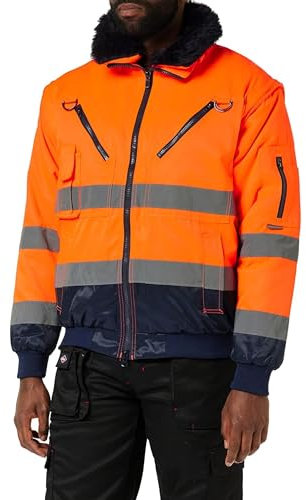 Portwest PJ50 Hi-Vis 3-in-1 Pilot Jacket Waterproof Reflective Workwear Coat Detachable Sleeves Fur Liner Multi-Pocket Fleece Lining EN ISO 20471 Certified, Orange/Navy, M