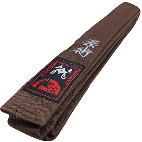 Budodrake Braungurt Bestickt mit Jiu-Jitsu/Ju Jutsu Schriftzeichen, Bestickung in Silber, Gürtel braun