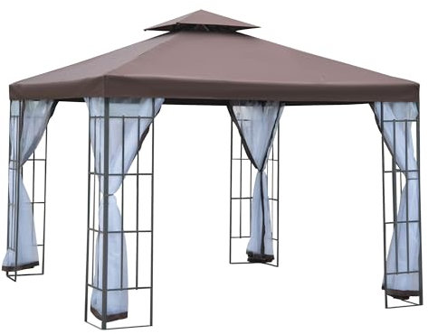Outsunny 3 x 3(m) Patio Gazebo Canopy Garden Pavilion Tent Shelter with 2 Tier Roof and Mosquito Netting, Steel Frame, Coffee